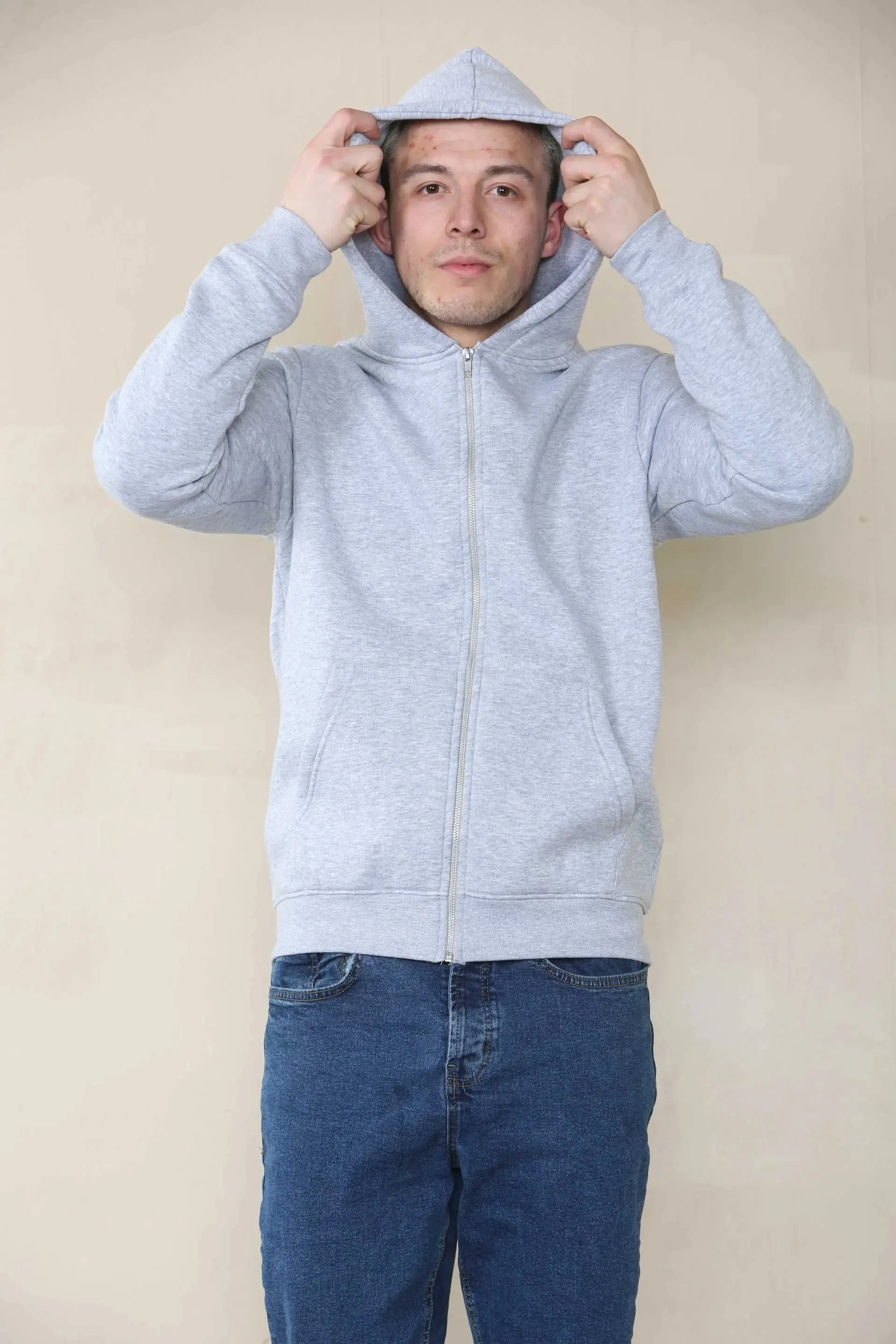 Basic Zip Through Hoodie - Grey Marl For Men