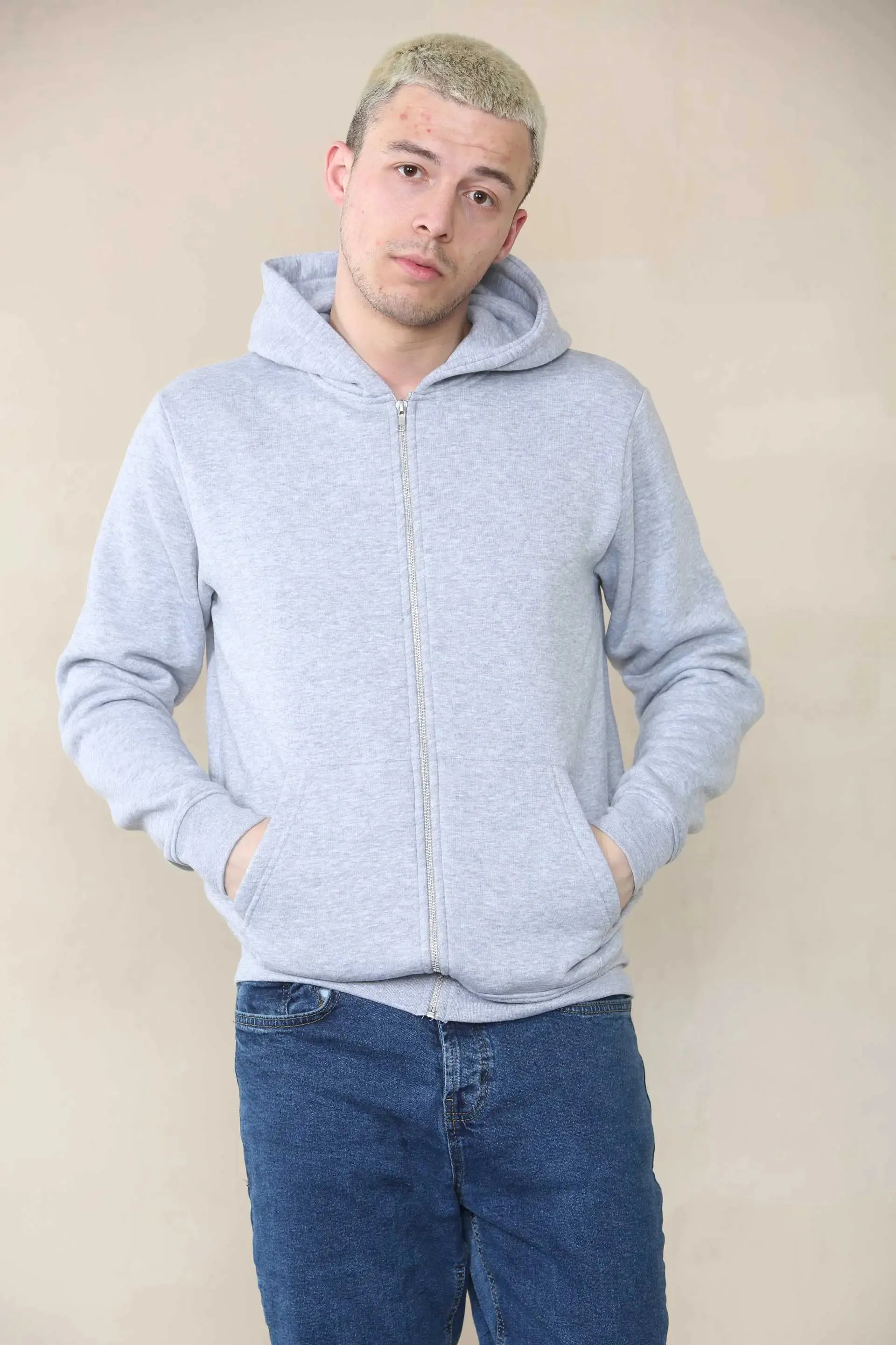 Basic Zip Through Hoodie - Grey Marl For Men