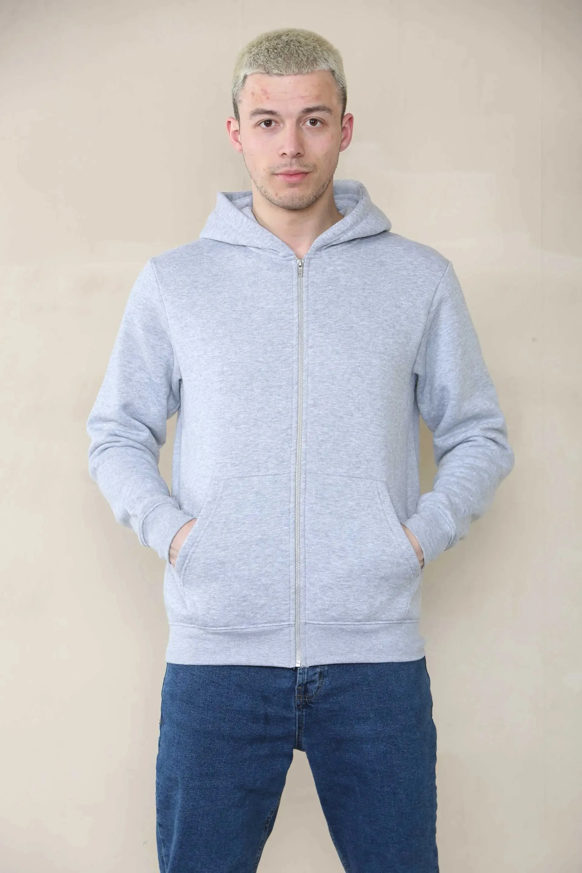 Basic Zip Through Hoodie - Grey Marl For Men