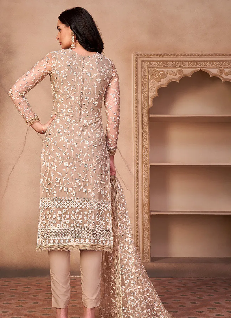 Beige Chikankari Pakistani Pant Suit