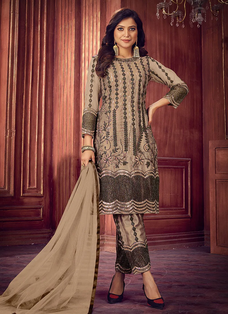 Beige Designer Pakistani Embroidered Pant Style Suit