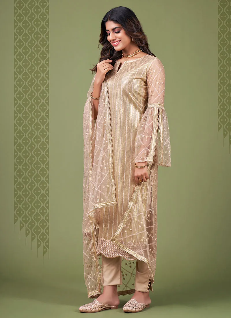 Beige Golden Sequence Embroidery Net Pant Style Suit