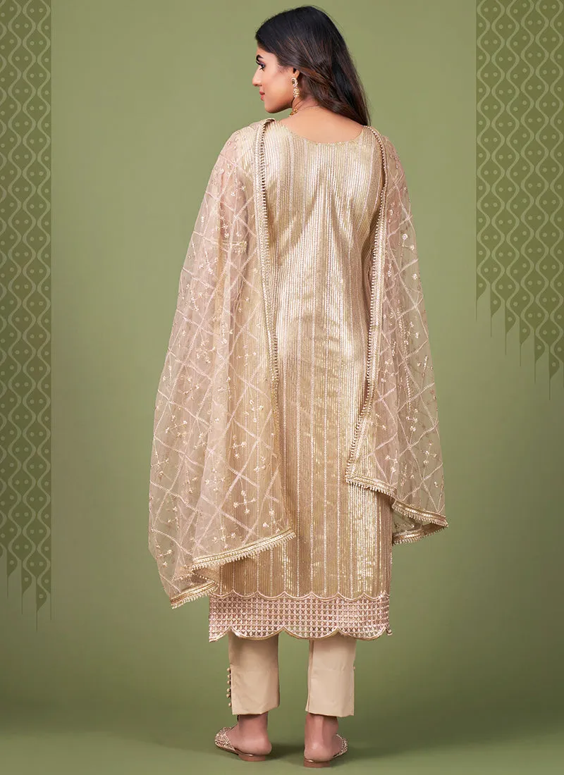 Beige Golden Sequence Embroidery Net Pant Style Suit