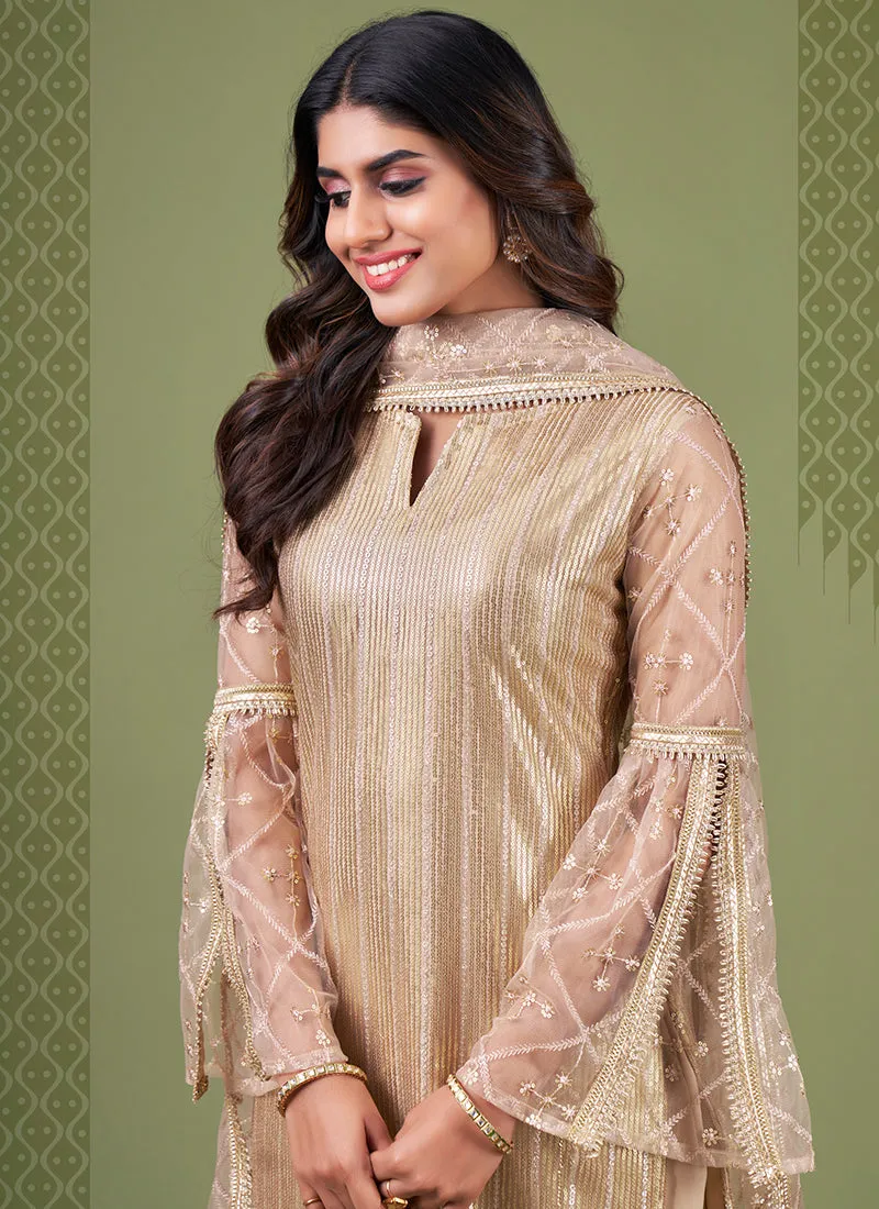 Beige Golden Sequence Embroidery Net Pant Style Suit