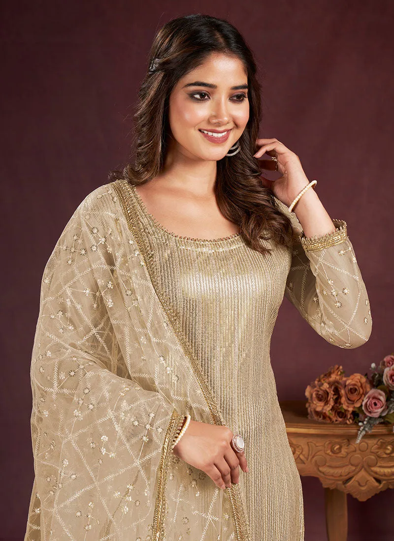 Beige Golden Sequence Embroidery Pant Style Suit