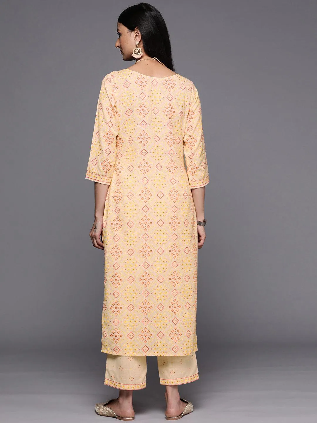 Beige Printed Cotton Straight Kurta With Trousers