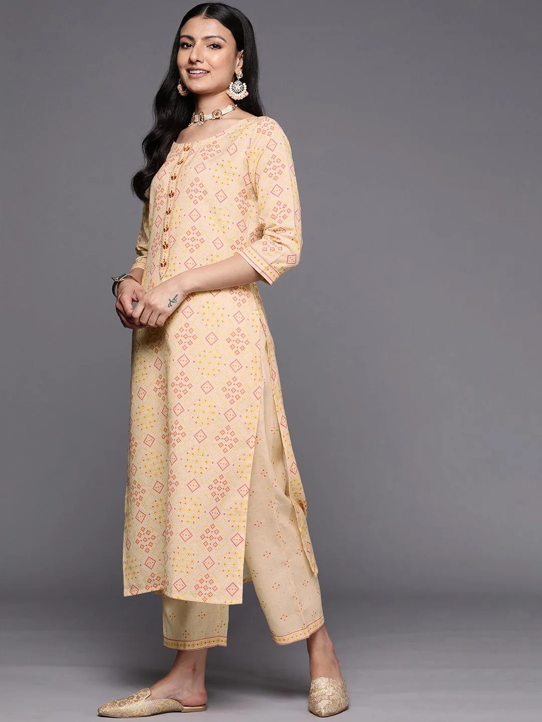 Beige Printed Cotton Straight Kurta With Trousers