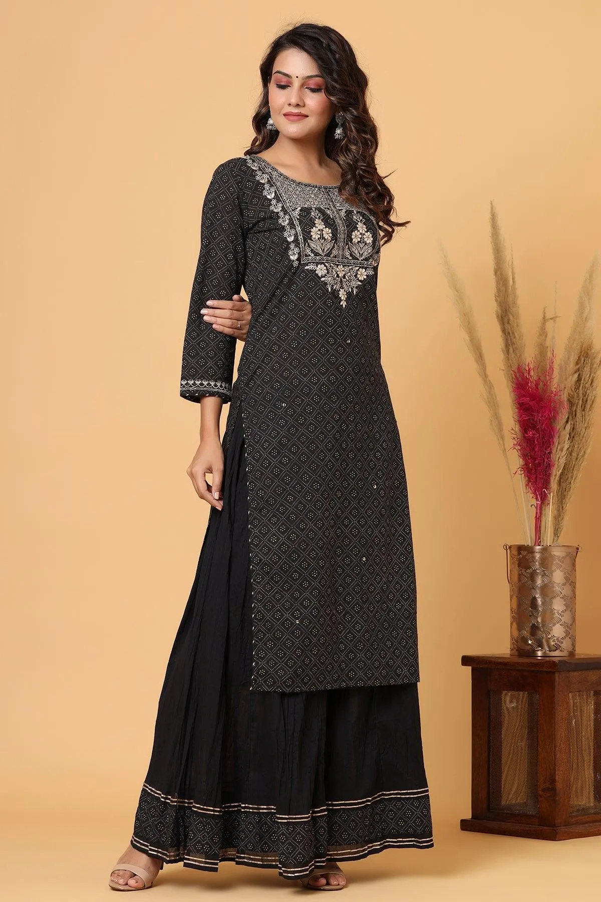 Black Gold Printed Embroidery Kurta Sharara Set