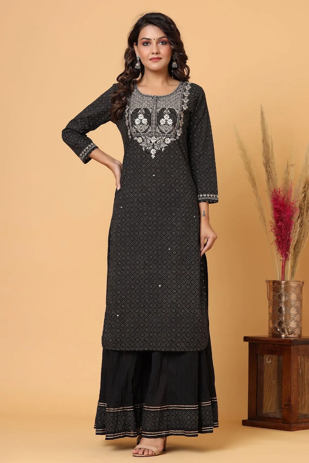 Black Gold Printed Embroidery Kurta Sharara Set