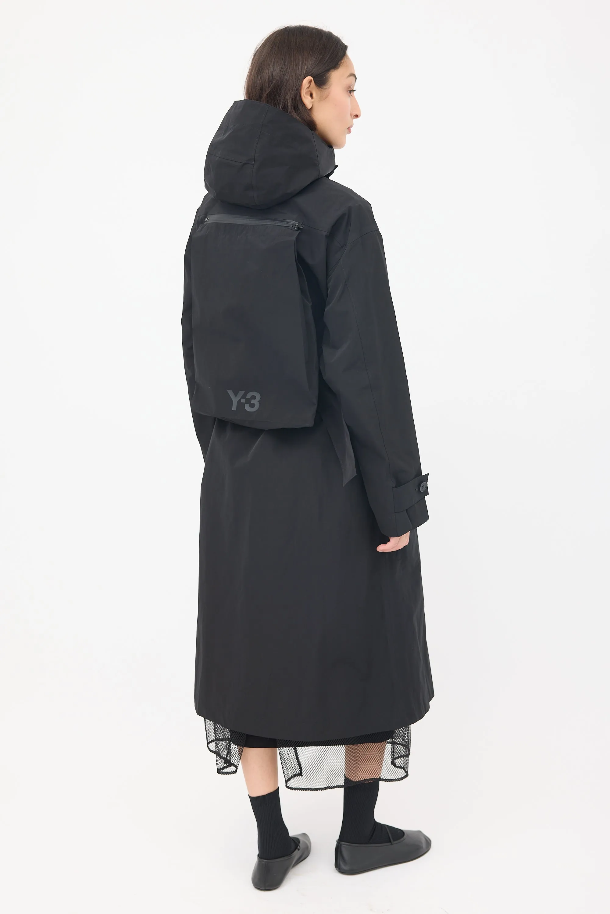 Black Nylon Logo Backpack Trench Coat