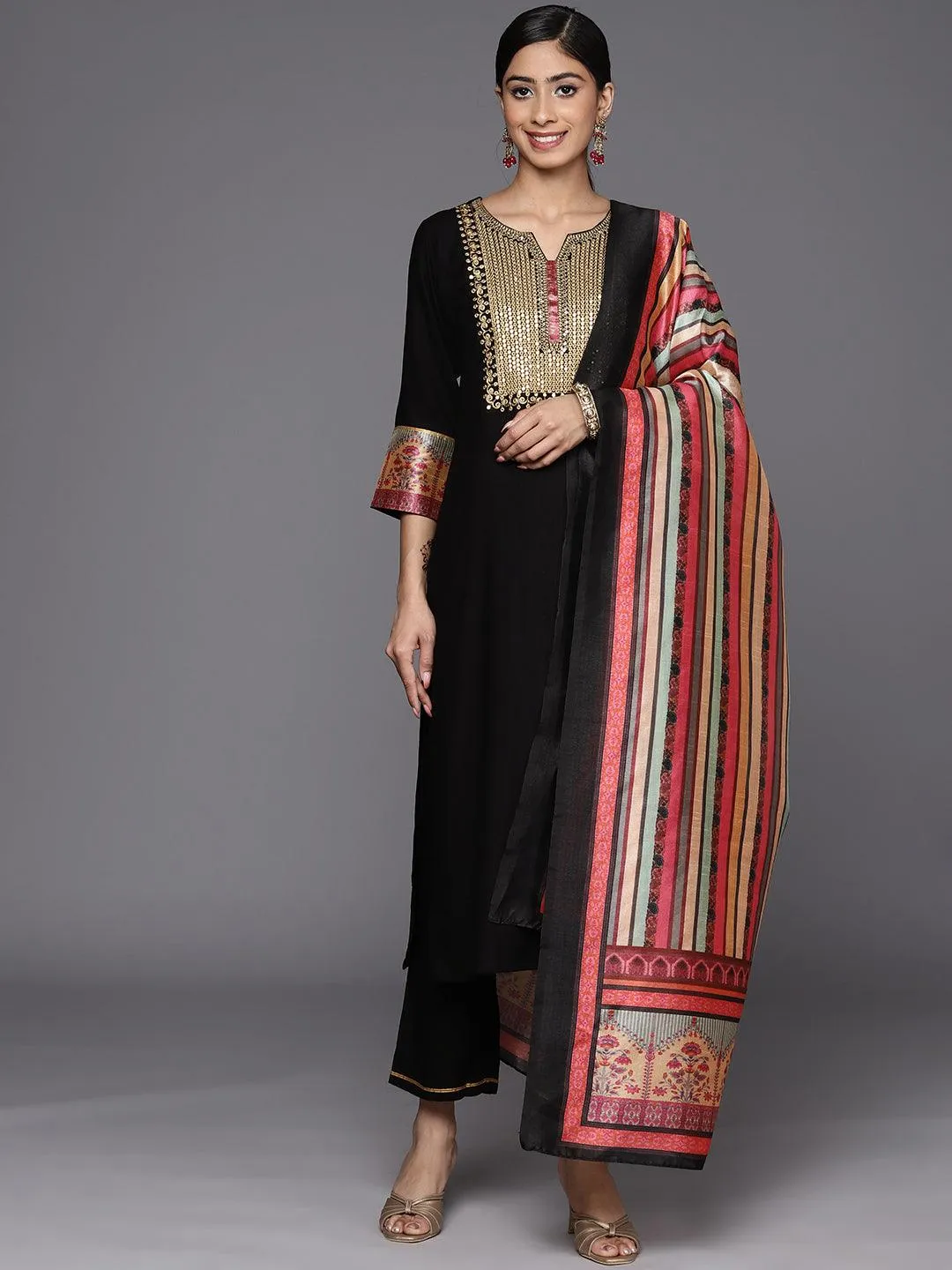 Black Yoke Design Rayon Straight Kurta With Trousers & Dupatta