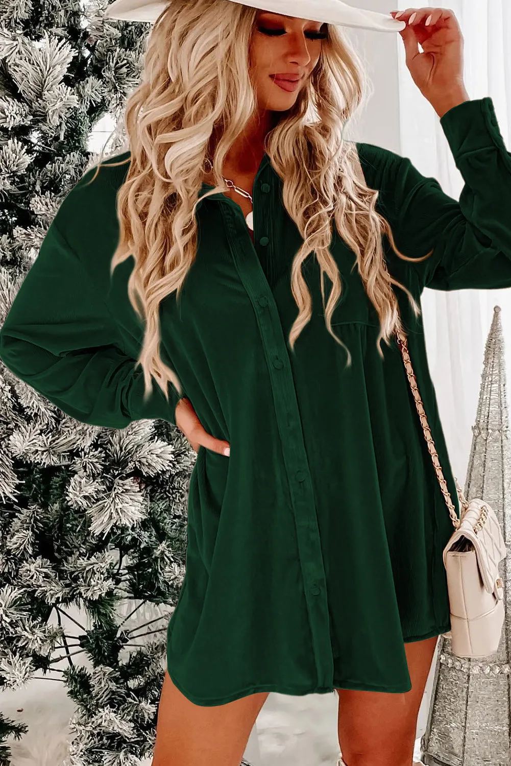 Blackish Green Velvet Button Front Shirt Long Sleeve Casual Mini Dress