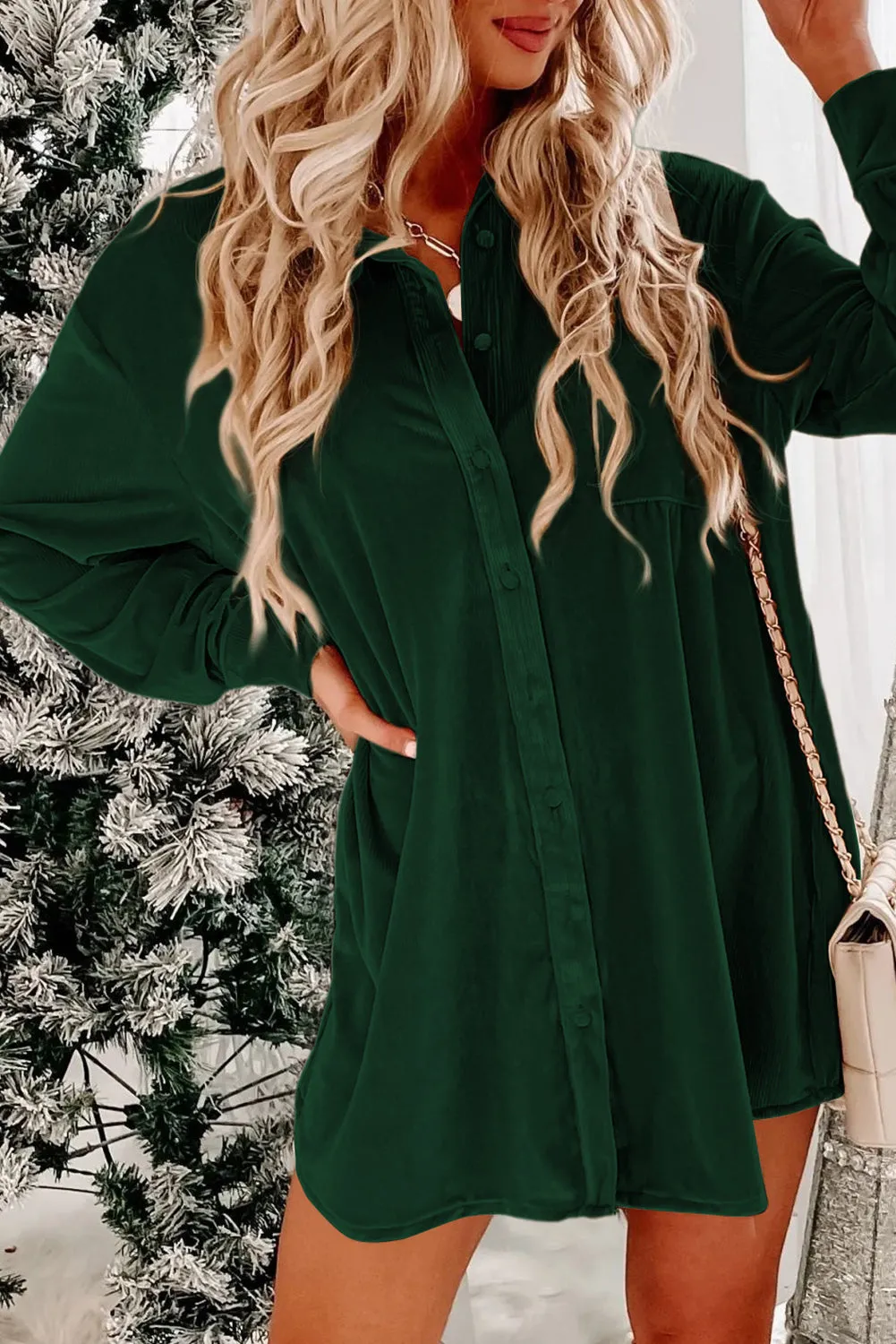 Blackish Green Velvet Button Front Shirt Long Sleeve Casual Mini Dress