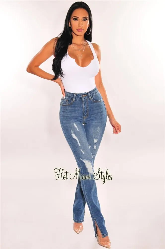 Blue Denim Distressed Straight Leg Slit Hem Jeans