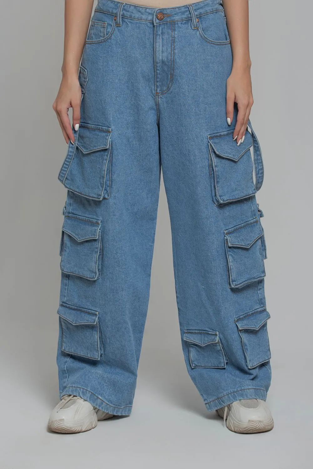 Blue Multi Pocket Cargo Jeans-Women