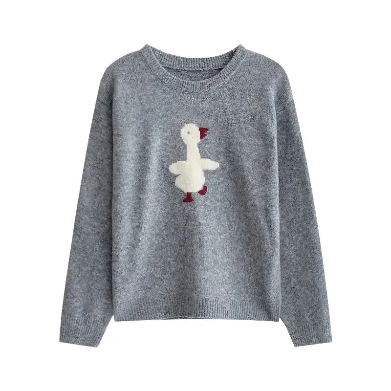 cartoon duck jacquard round neck soft long-sleeved knitted sweater     S4692