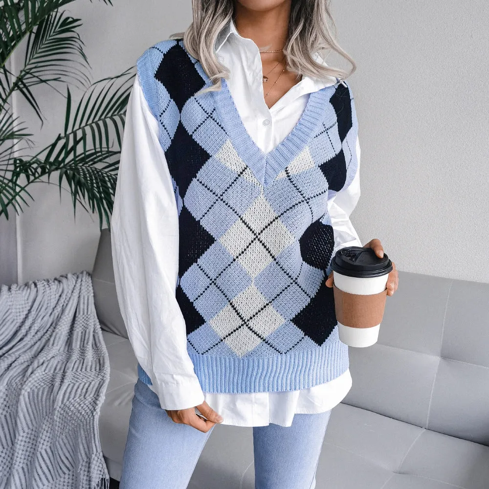 College Rhombus V-Neck Casual Loose Knitted Vest Sweater