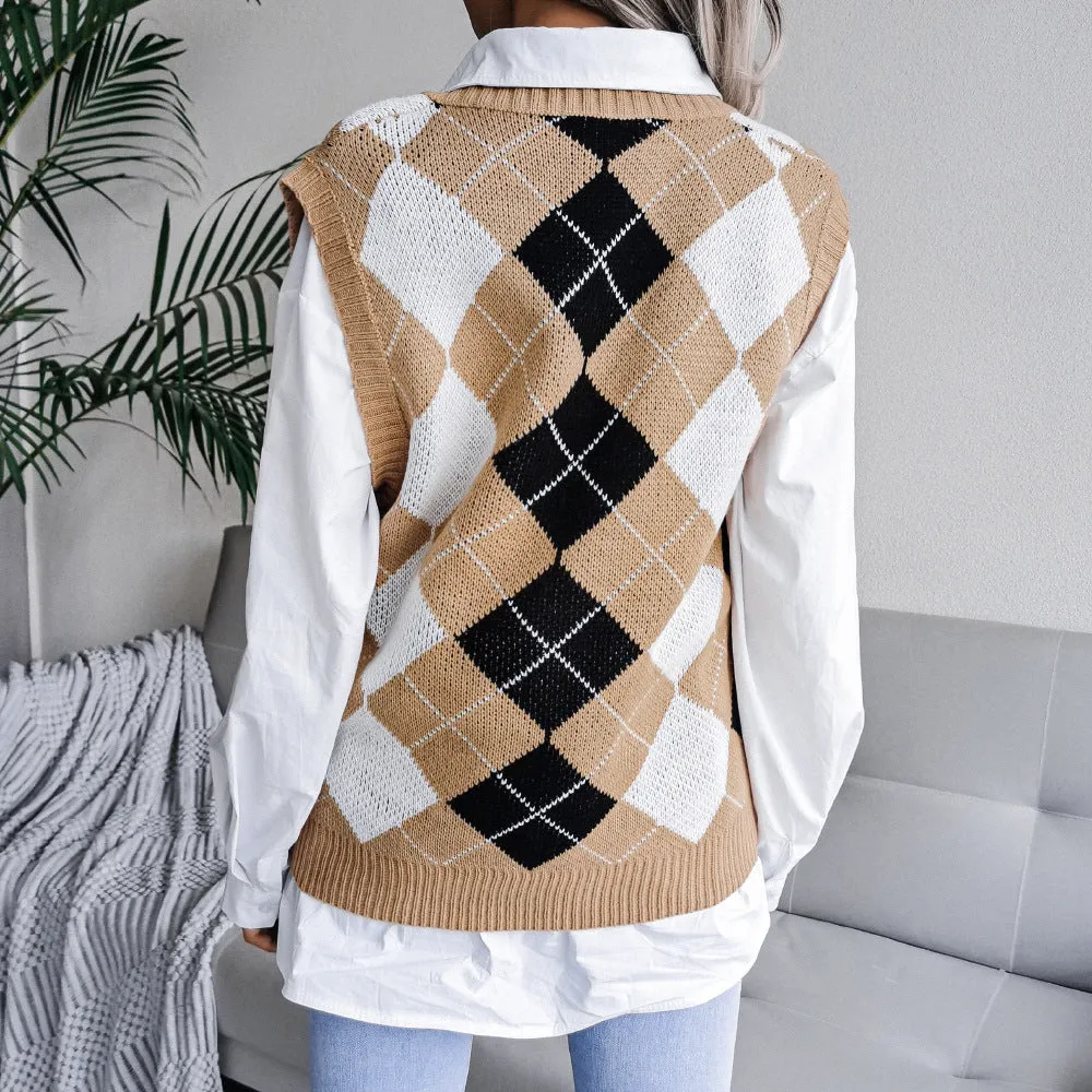 College Rhombus V-Neck Casual Loose Knitted Vest Sweater