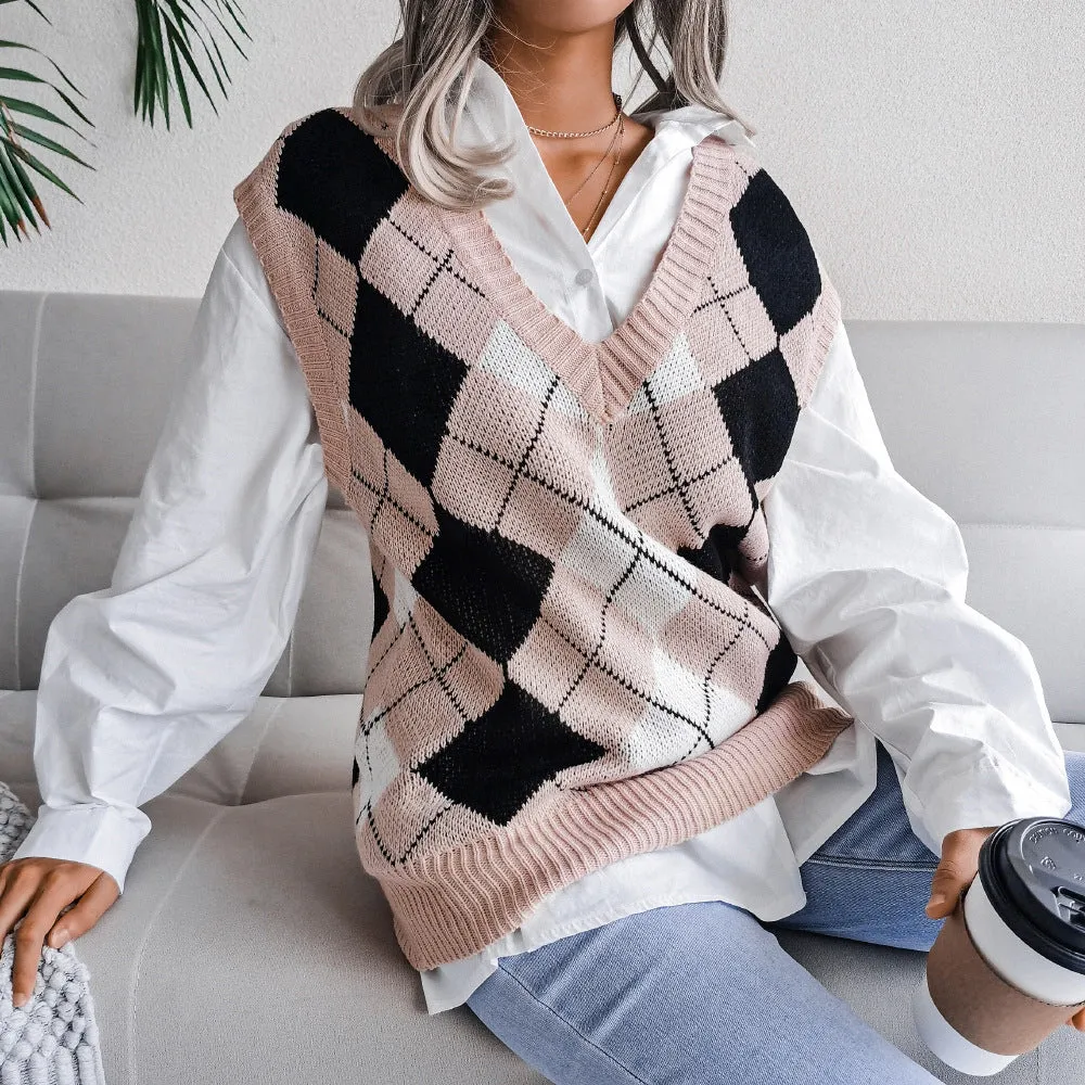 College Rhombus V-Neck Casual Loose Knitted Vest Sweater