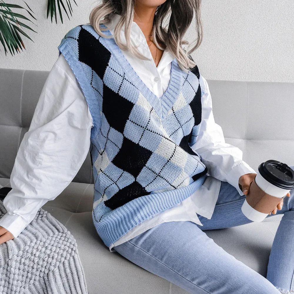 College Rhombus V-Neck Casual Loose Knitted Vest Sweater