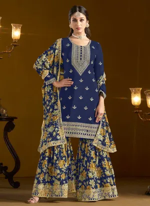 Dark Blue Traditional Embroidery Gharara Style Suit