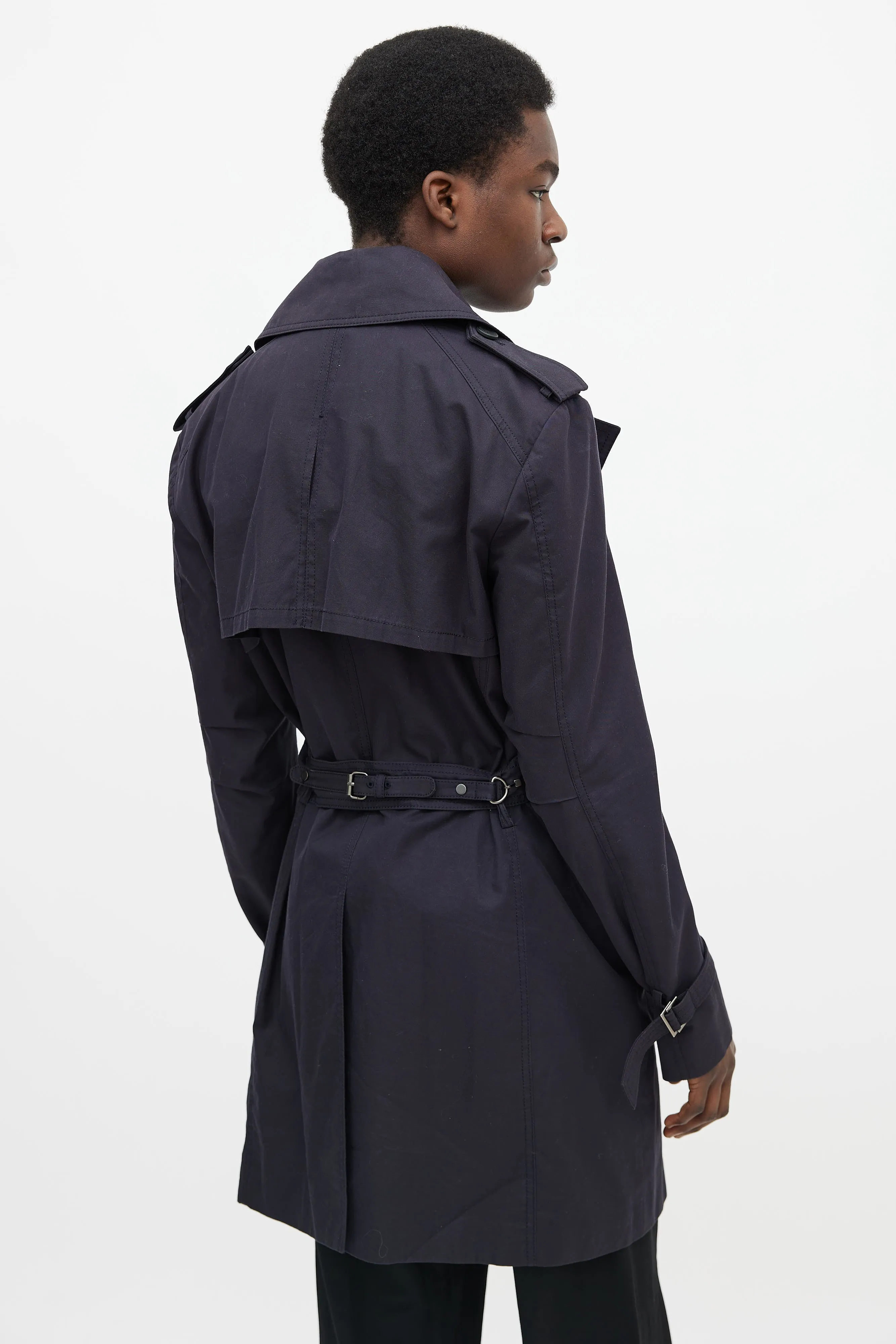 Dark Navy Cotton Waist Belt Asymmetrical Trench Coat