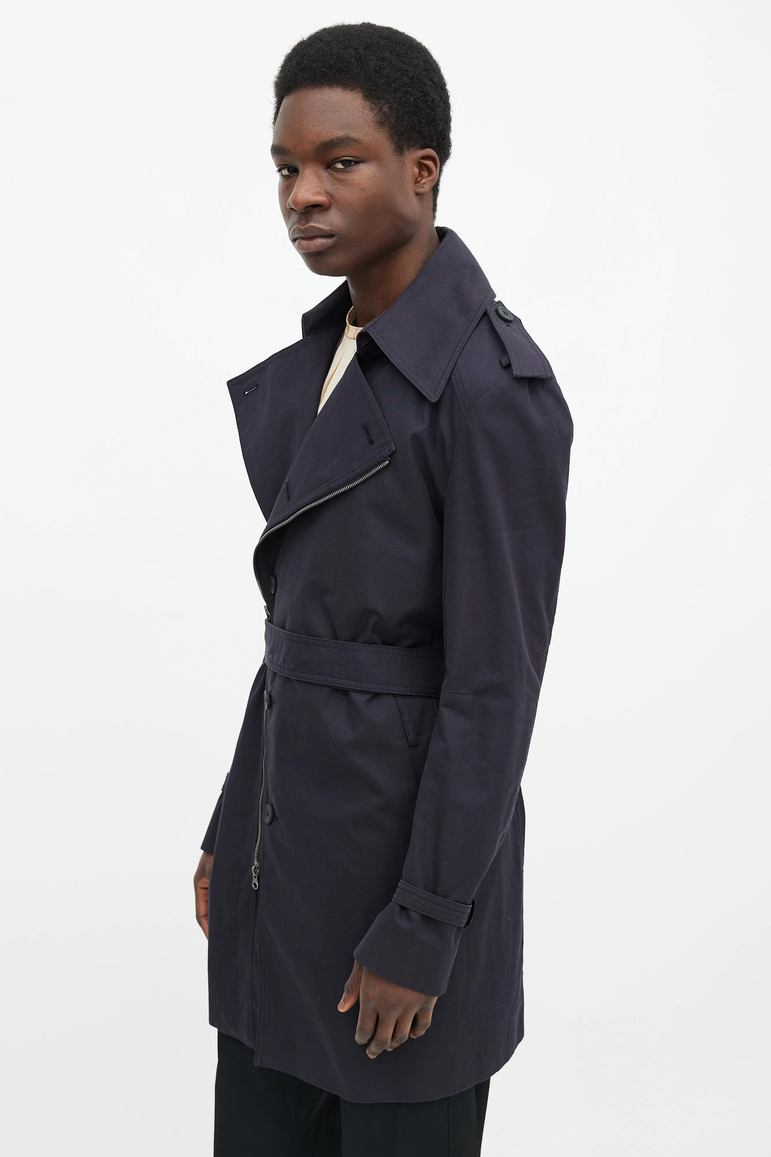 Dark Navy Cotton Waist Belt Asymmetrical Trench Coat