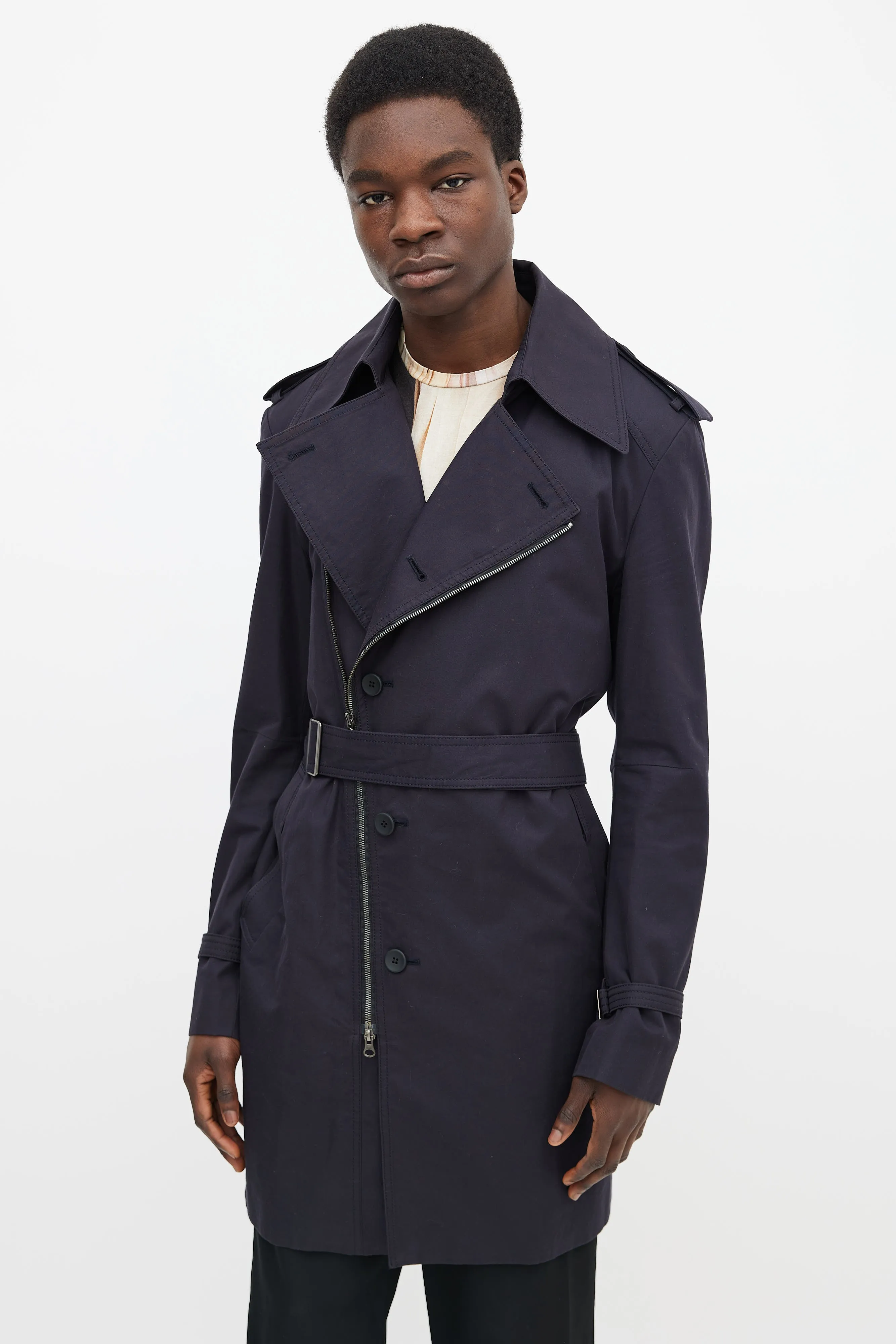 Dark Navy Cotton Waist Belt Asymmetrical Trench Coat