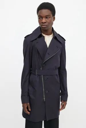 Dark Navy Cotton Waist Belt Asymmetrical Trench Coat