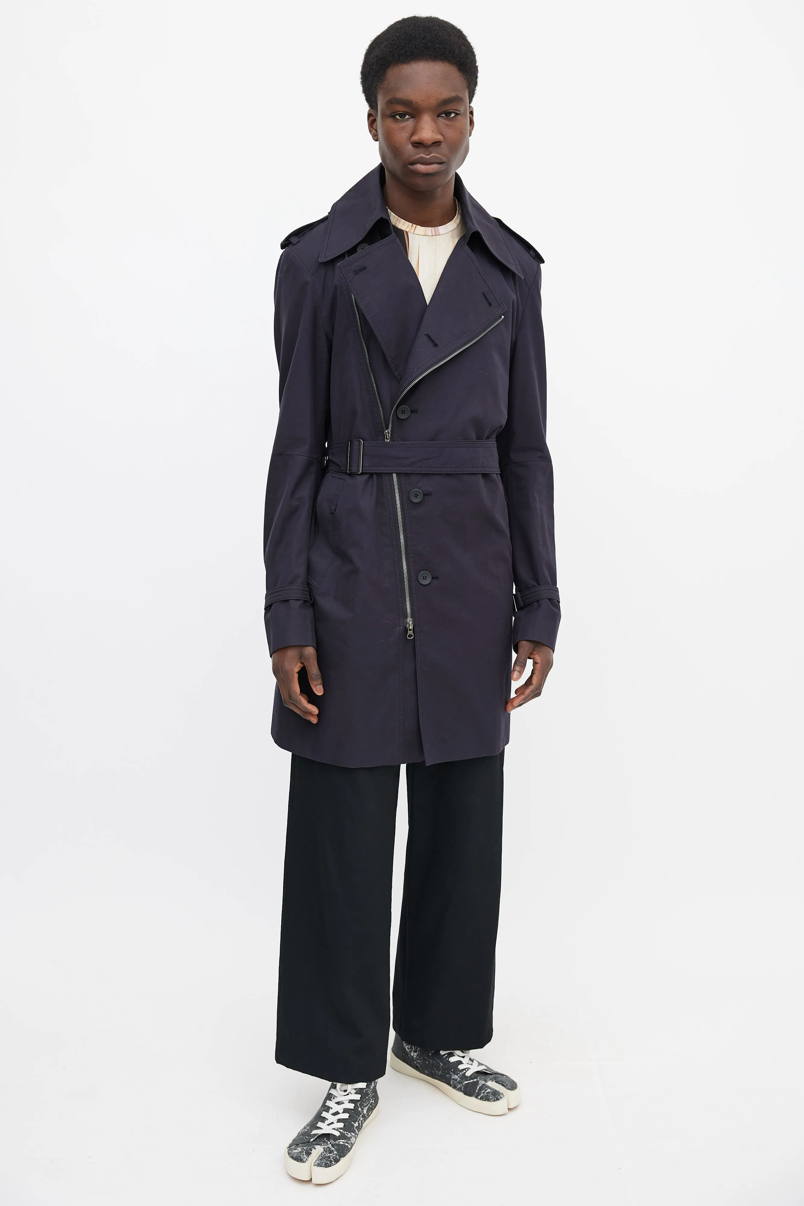 Dark Navy Cotton Waist Belt Asymmetrical Trench Coat