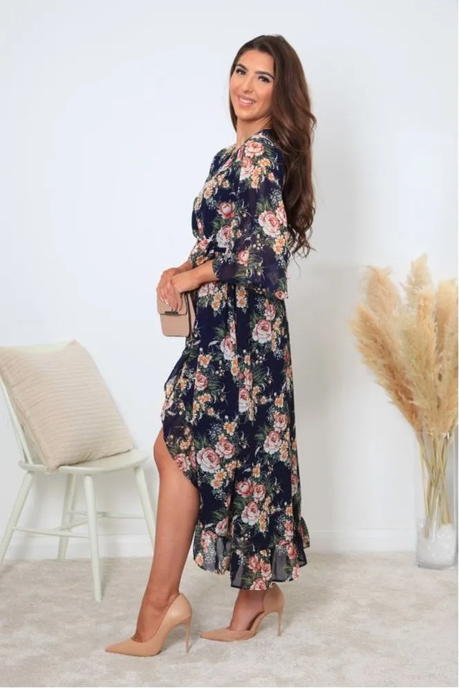 Double Second Printed Navy Wrap Front Butterfly Sleeve Dress