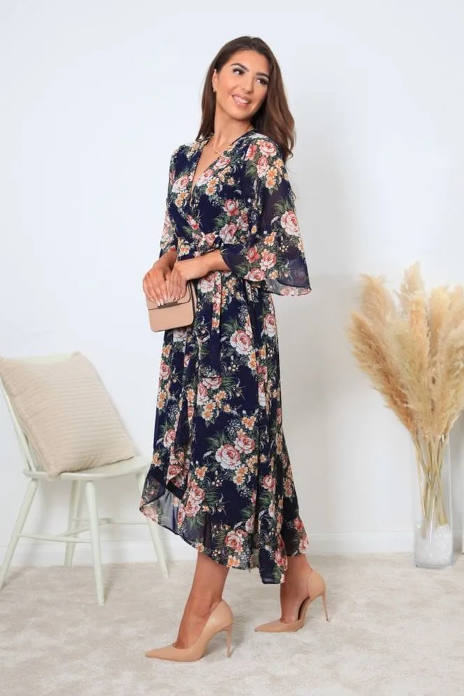 Double Second Printed Navy Wrap Front Butterfly Sleeve Dress