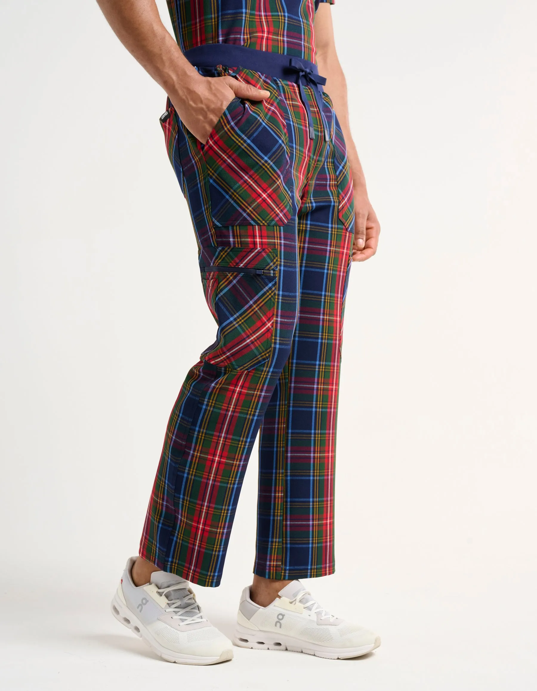 Essential Multi-Pocket Scrub Pants - Christmas Blue Tartan