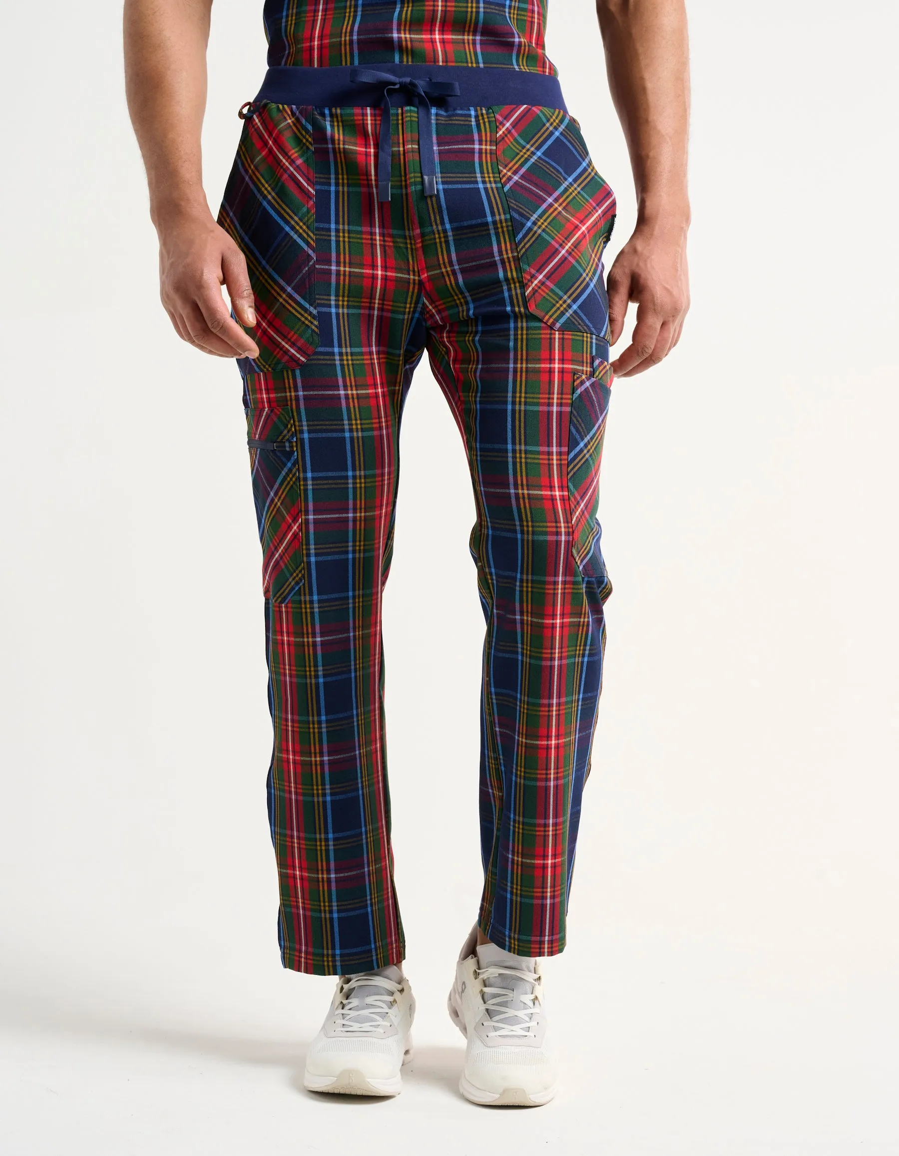 Essential Multi-Pocket Scrub Pants - Christmas Blue Tartan