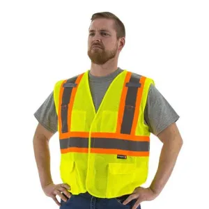 High Visibility Yellow Mesh Safety Vest (PK 5 Vests) - ANSI 2, DOT Striping, Velcro Close