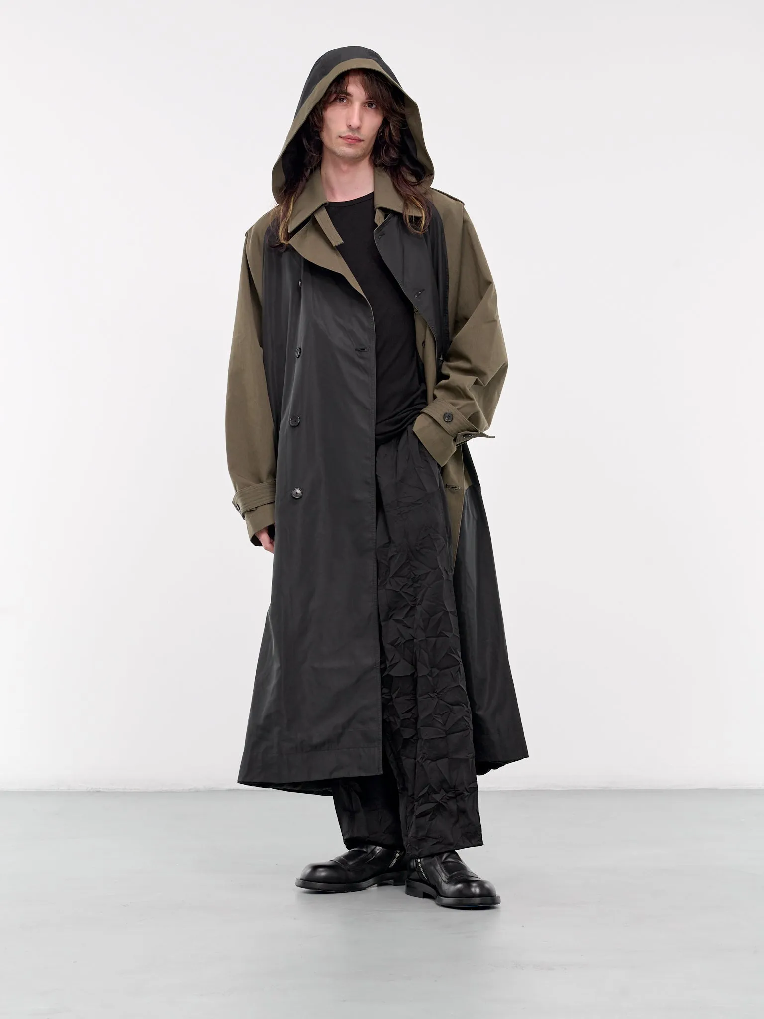 Hooded Two-Tone Trench Coat (UW74F24-MILITARY-GREY)