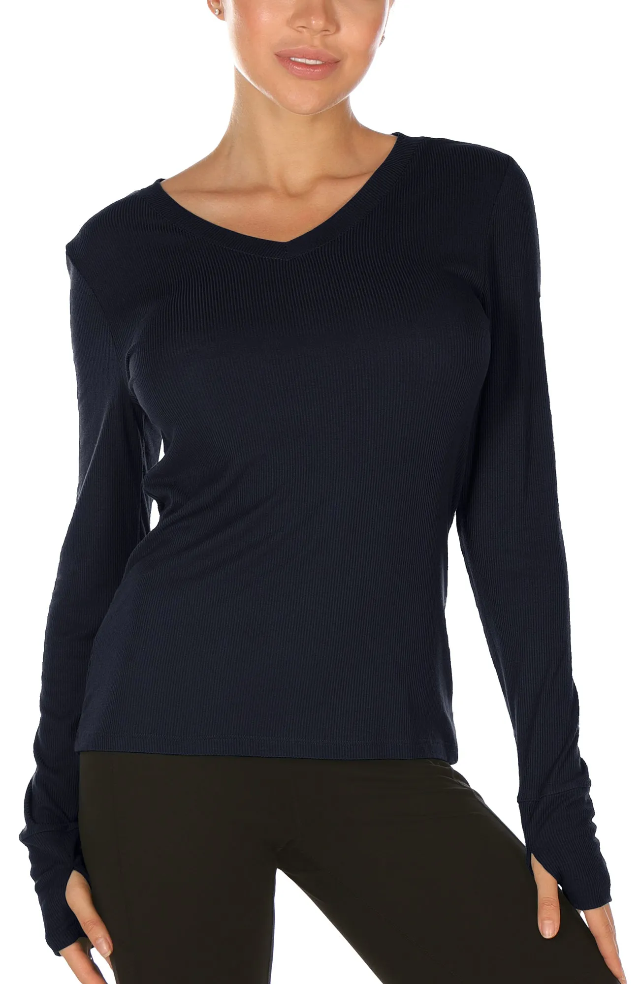 icyzone Long Sleeve Knit Tops for Women - V Neck Undershirts Casual T Shirts with Thumb Holes