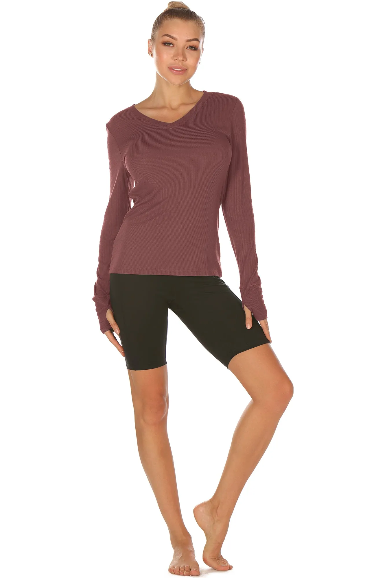 icyzone Long Sleeve Knit Tops for Women - V Neck Undershirts Casual T Shirts with Thumb Holes