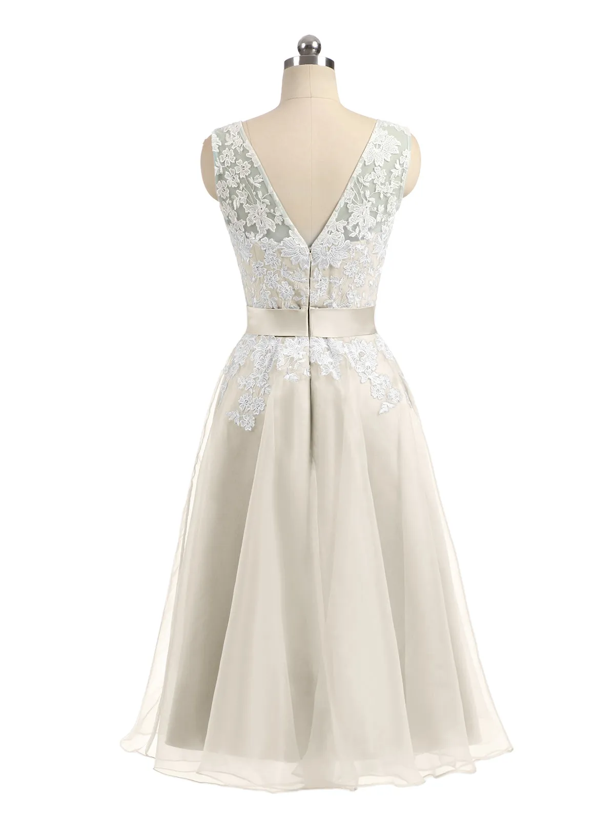 Illusion Neck Organza with Ivory Lace Appliqued Taupe Plus Size