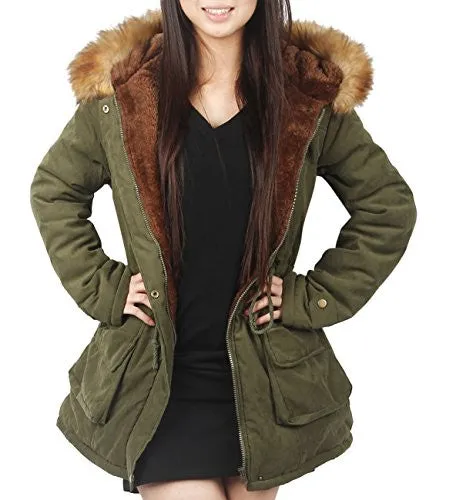 iLoveSIA Womens Hooded Coat Faux Fur Lined Jacket Arm Green 12