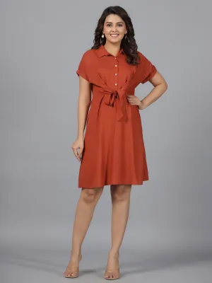 Juniper Rust Solid A-Lined Rayon Dress With Contrast Buttons & Front Tie Ups