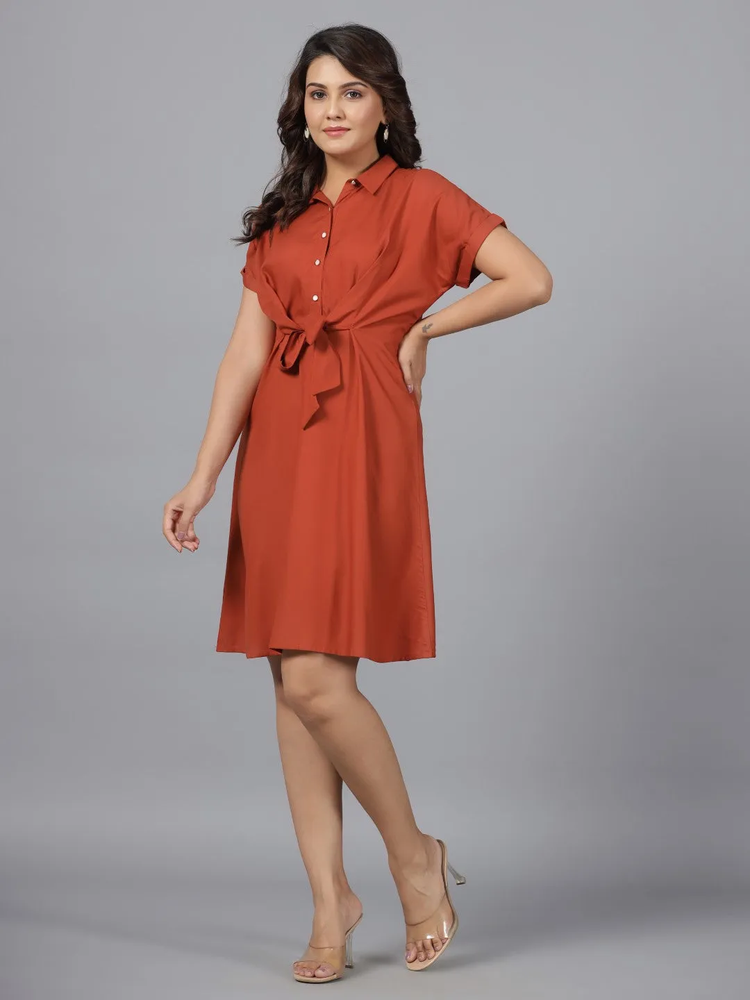 Juniper Rust Solid A-Lined Rayon Dress With Contrast Buttons & Front Tie Ups