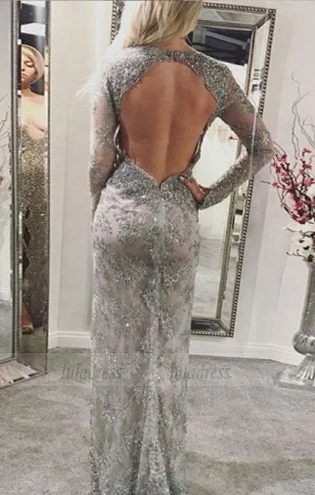 long sleeves mermaid prom dresses, elegant v neck open back evening gowns, modest high slit party dresses with sleeves