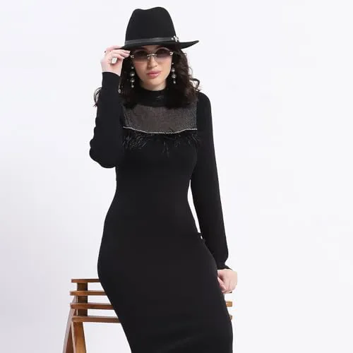 Madame Mock Neck Black Bodycon Midi Dress