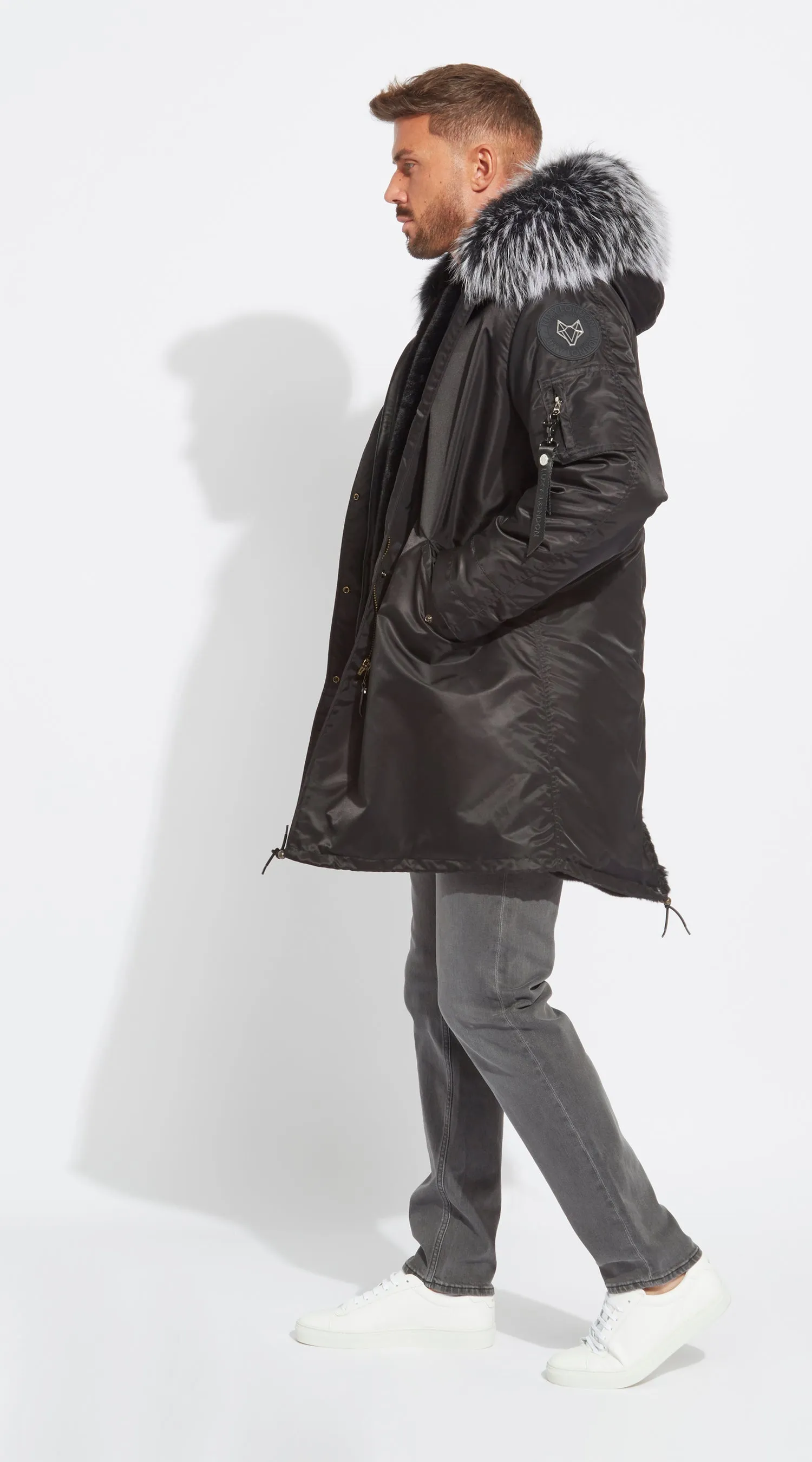 Mens Black Water-Repellent Luxy Fur Parka - 3/4 Black Mist