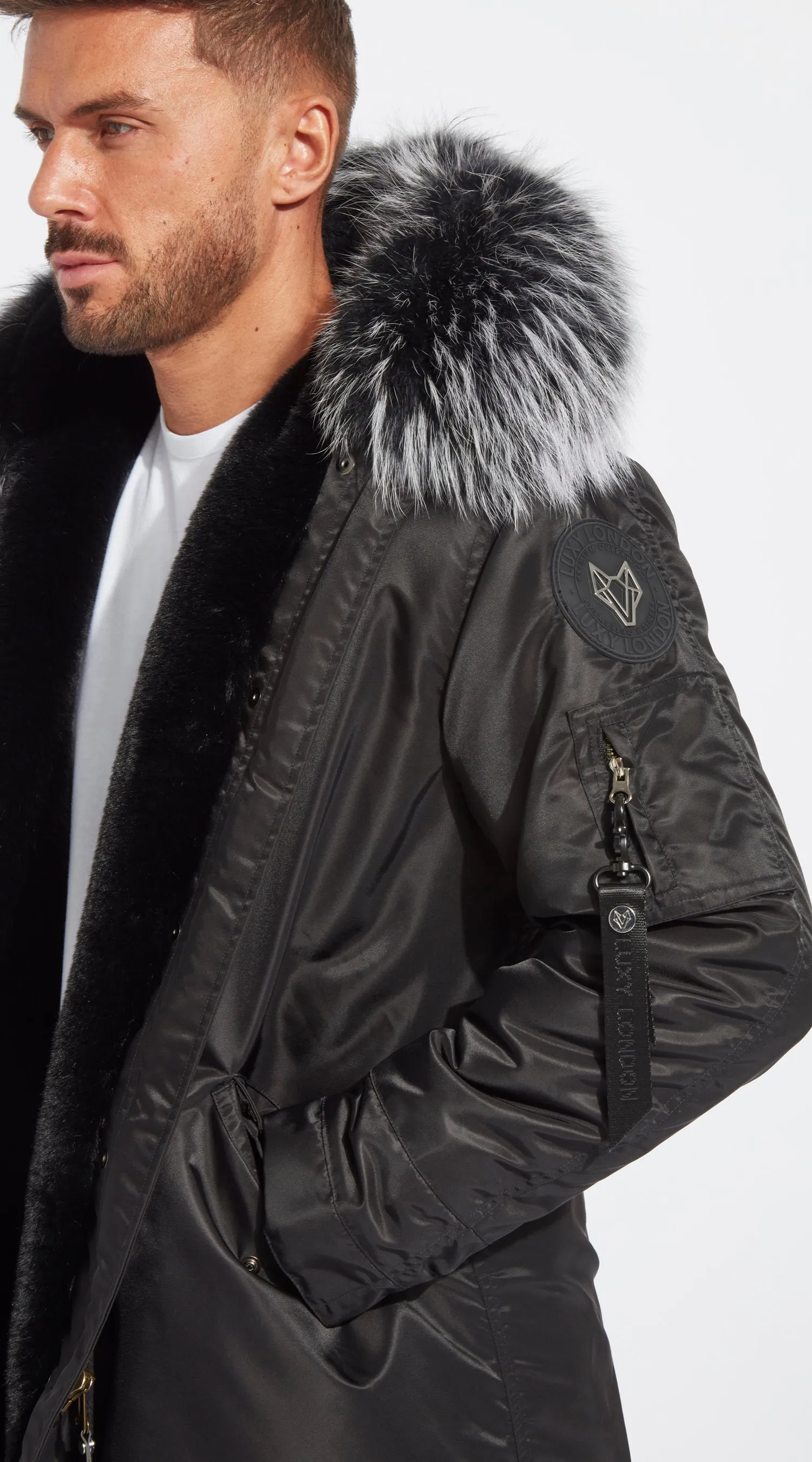 Mens Black Water-Repellent Luxy Fur Parka - 3/4 Black Mist