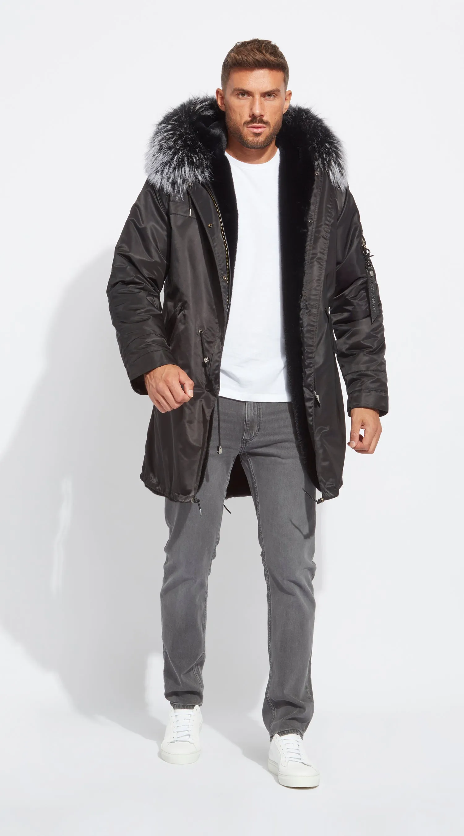 Mens Black Water-Repellent Luxy Fur Parka - 3/4 Black Mist