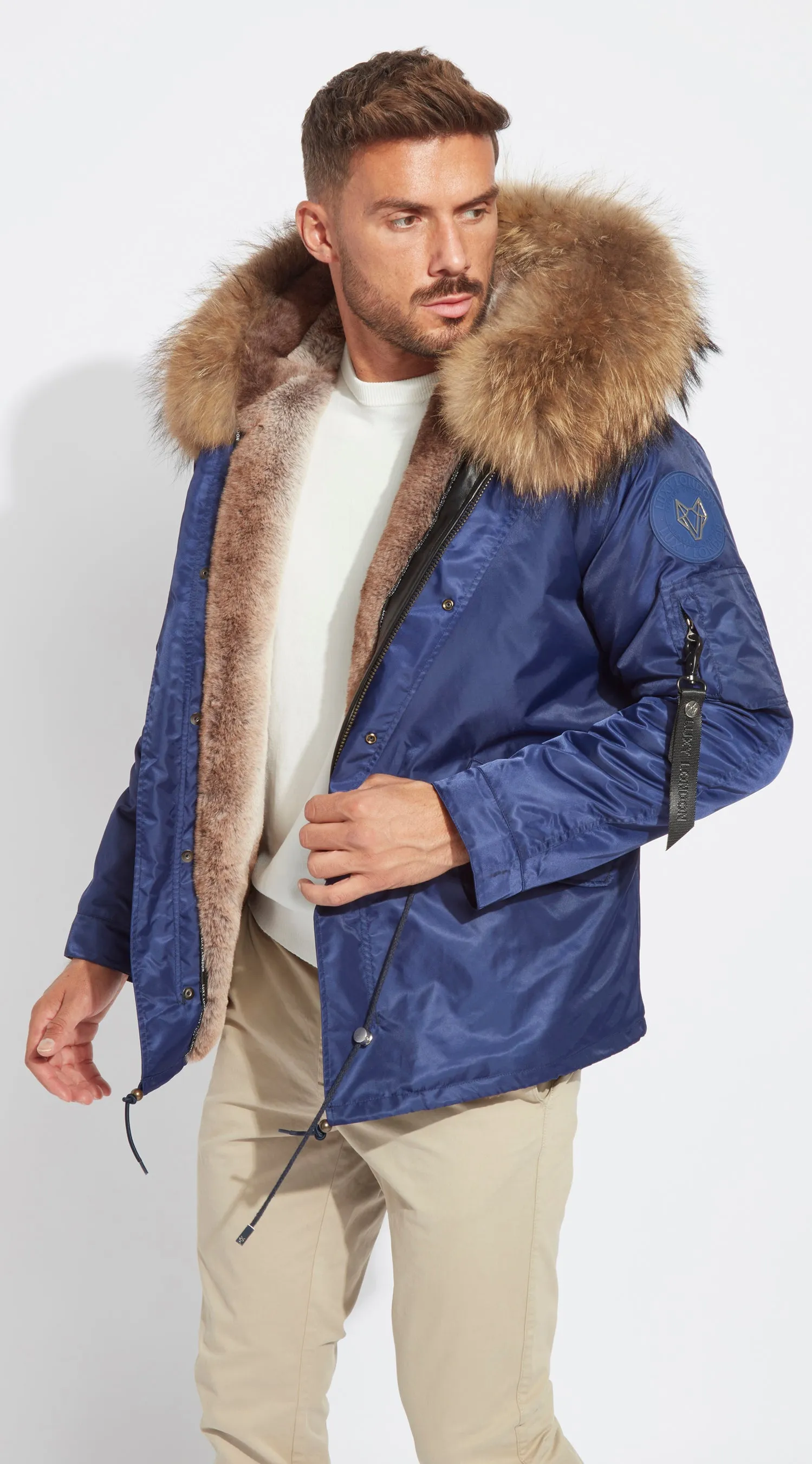 Mens Navy Water-Repellent Luxy Fur Parka - Natural