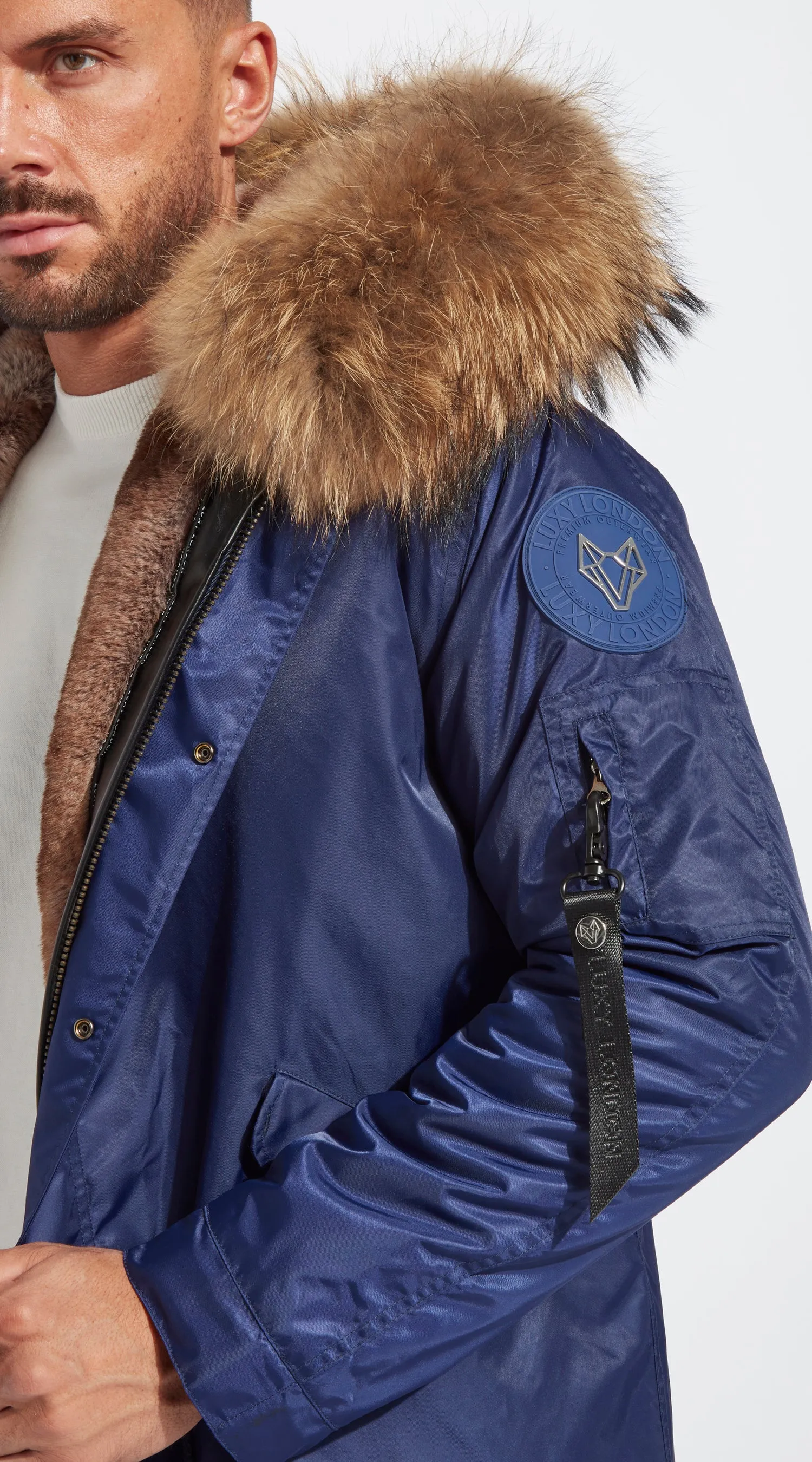 Mens Navy Water-Repellent Luxy Fur Parka - Natural