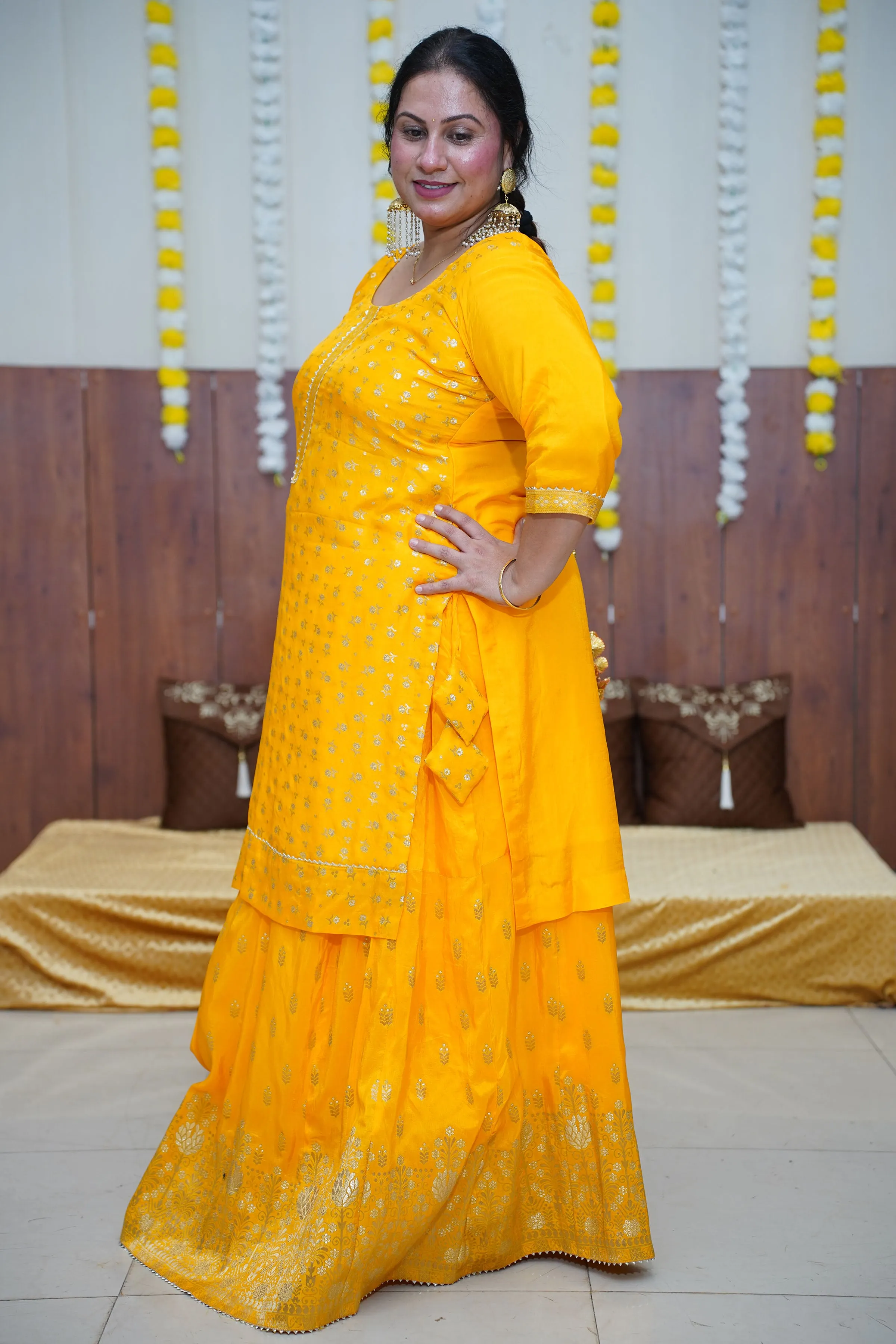 Mustard Gold Jacquard Skirt Suit